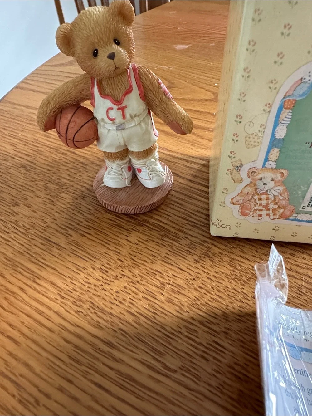 Cherished Teddies Larry Bear Basketball Figurine - Brown, White, Red